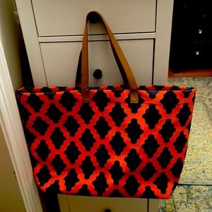 Mudpie Canvas Tote, orange and navy print